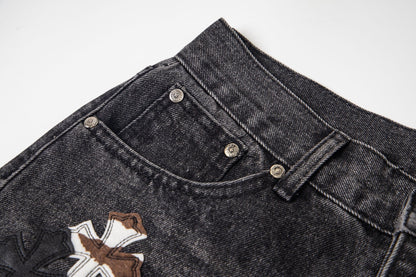 Chrome Hearts マルチクロスパッチ デニムジーンズ - グレー ゴシック ストリートパンツ 1111 