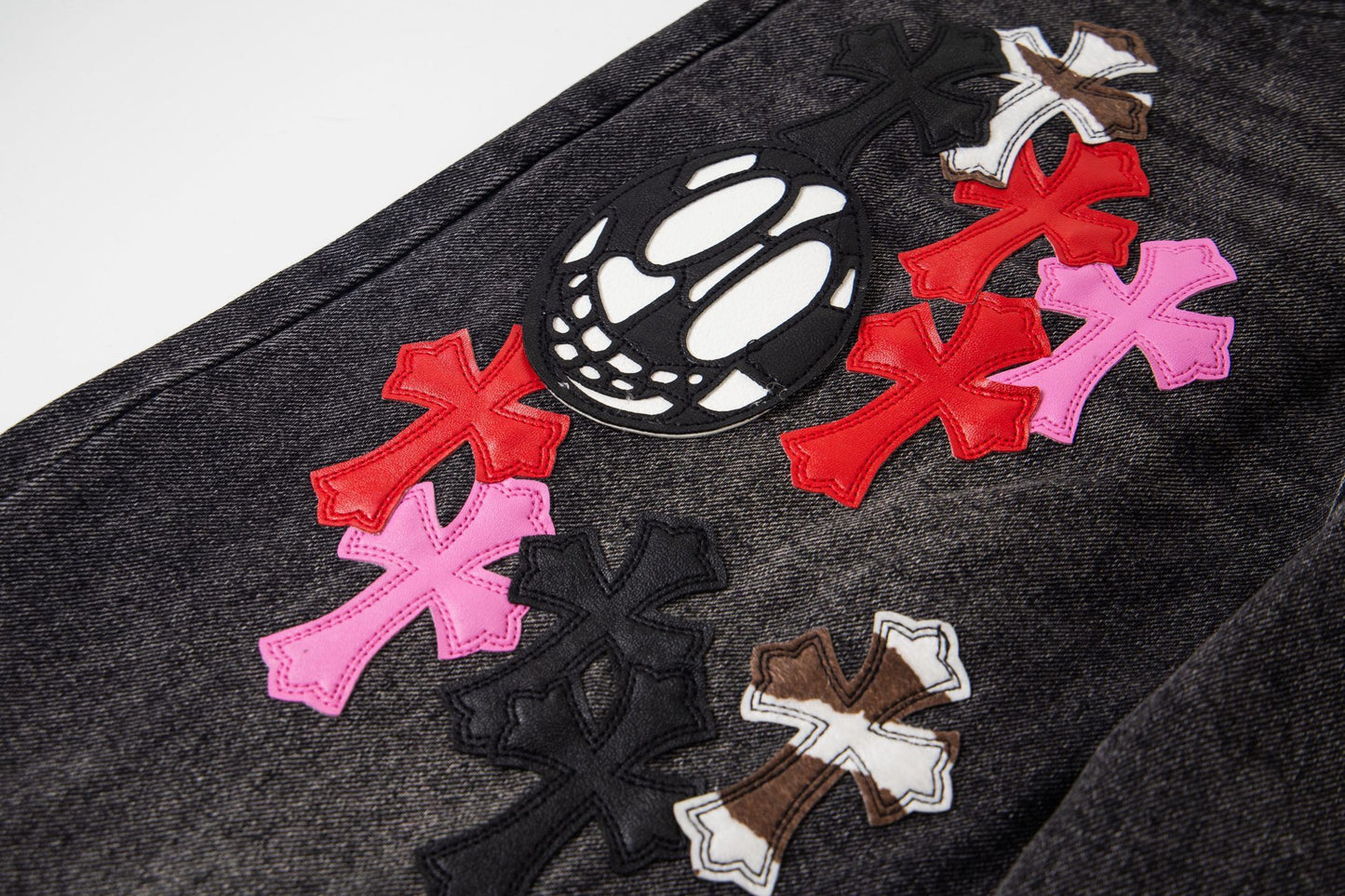 Chrome Hearts マルチクロスパッチ デニムジーンズ - グレー ゴシック ストリートパンツ 1111 