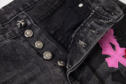 Chrome Hearts マルチクロスパッチ デニムジーンズ - グレー ゴシック ストリートパンツ 1111 