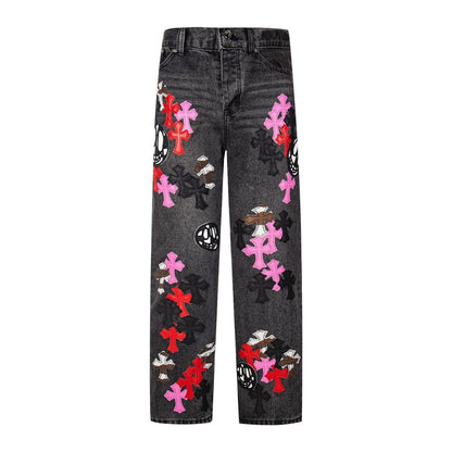 Chrome Hearts マルチクロスパッチ デニムジーンズ - グレー ゴシック ストリートパンツ 1111 