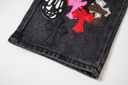 Chrome Hearts マルチクロスパッチ デニムジーンズ - グレー ゴシック ストリートパンツ 1111 