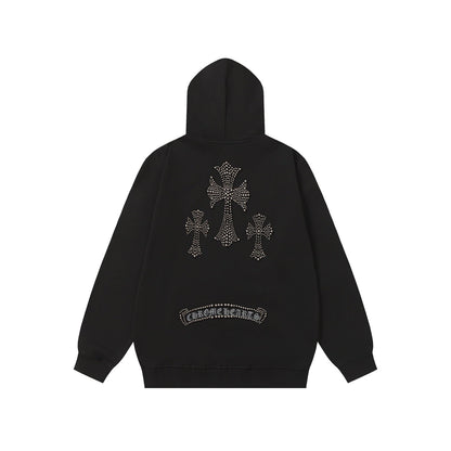 Chrome Hearts ラインストーン クロス パーカー - ブラック ゴシック ストリートウェア スウェットシャツ 2633 