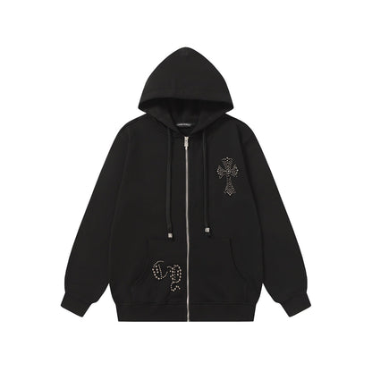 Chrome Hearts ラインストーン クロス パーカー - ブラック ゴシック ストリートウェア スウェットシャツ 2633 