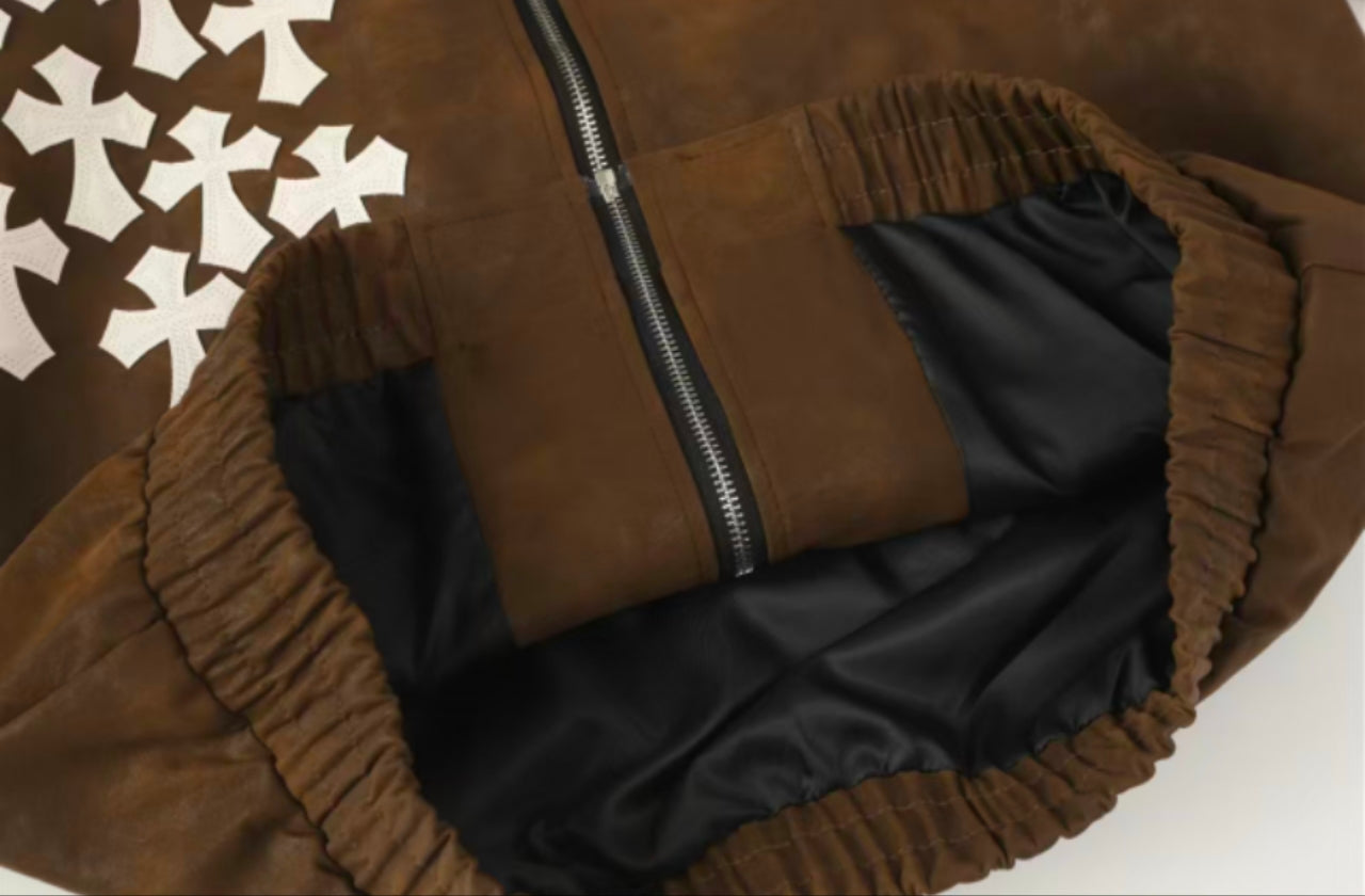 Chrome Hearts クロスパッチ スエードジャケット - ブラウン ゴシック ストリートウェア アウターウェア 8833 