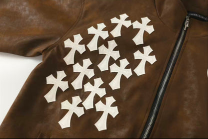 Chrome Hearts クロスパッチ スエードジャケット - ブラウン ゴシック ストリートウェア アウターウェア 8833 