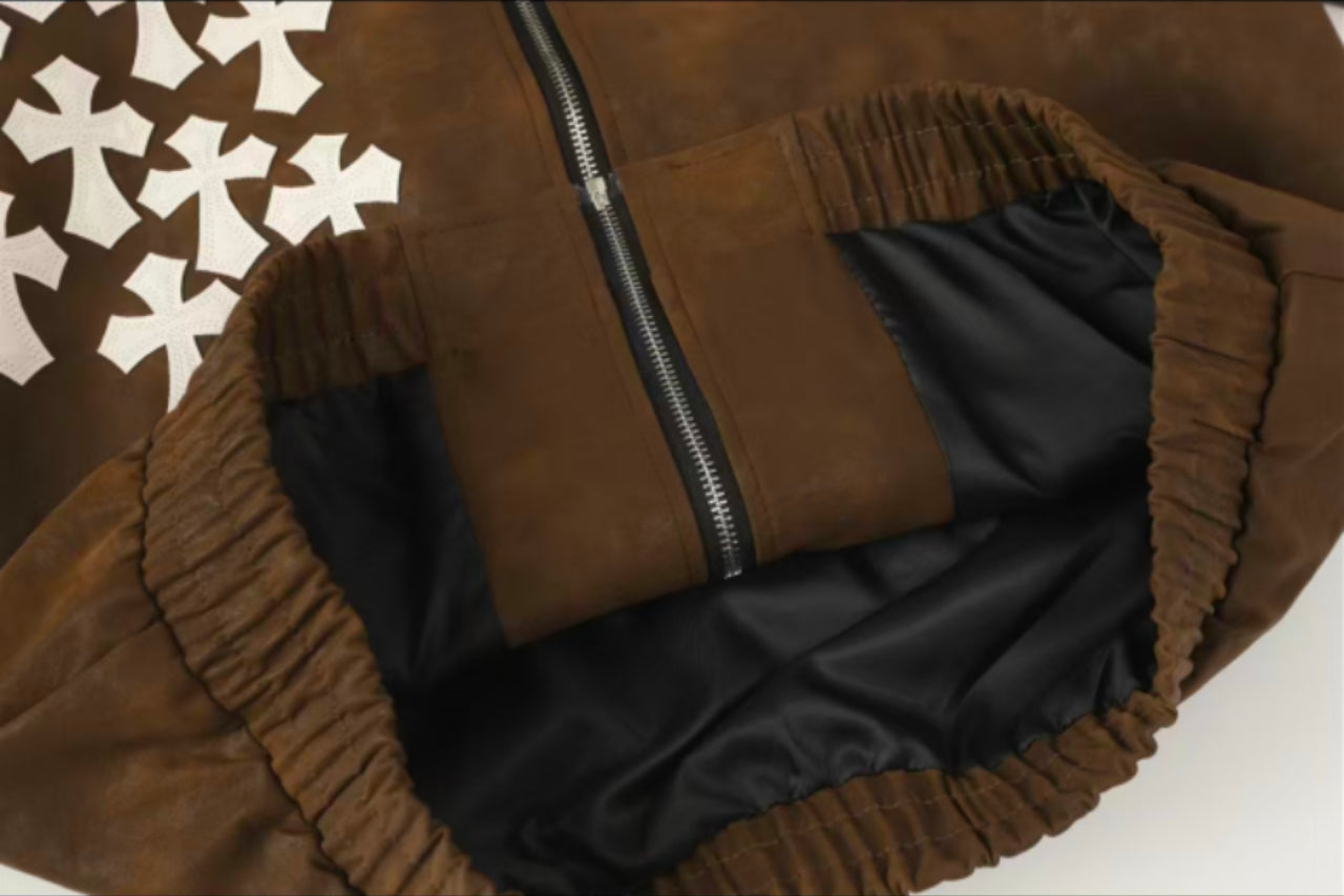 Chrome Hearts クロスパッチ スエードジャケット - ブラウン ゴシック ストリートウェア アウターウェア 8833 